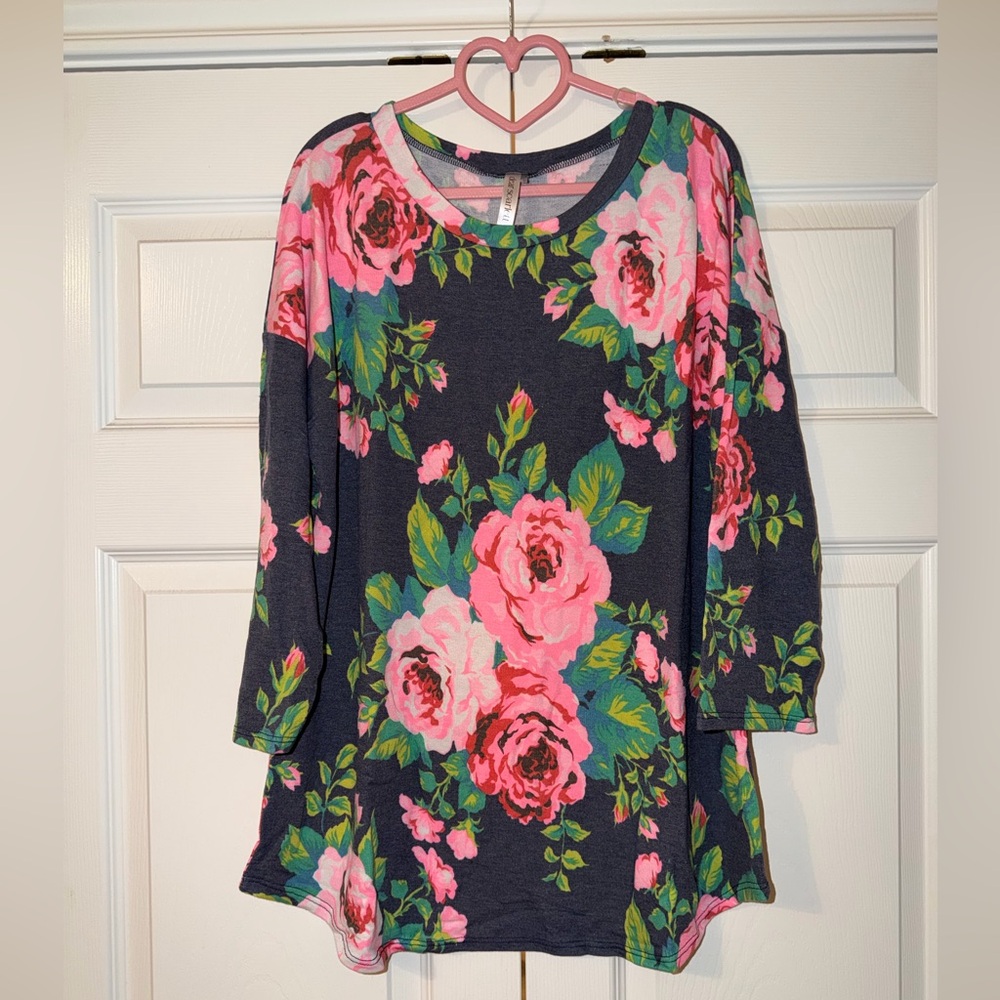 Floral Long Sleeve Tunic Top in Pink and Charcoal
